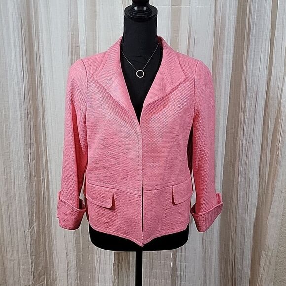 Talbots Pink Textured 3/4 Sleeve Open Front Blazer - Picture 8 of 16